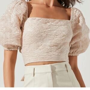 ASTR The Label Tassia Jacquard Puff Sleeve Tie Back Champagne Top SZ L NWT Chic